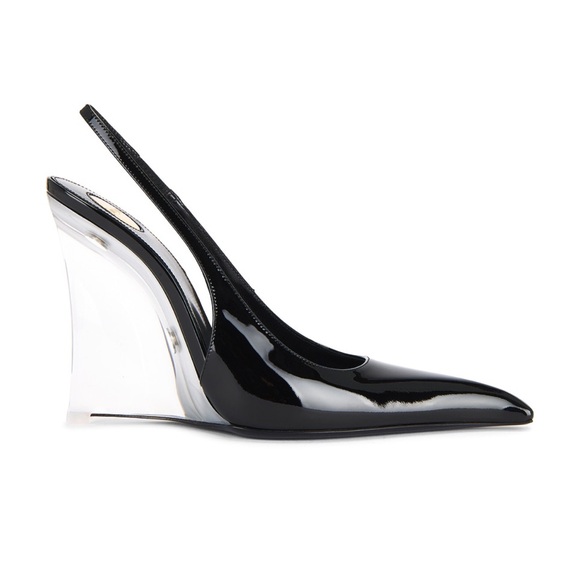 Saint Laurent Shoes - Saint Laurent Miller Patent Leather Acrylic Wedge Pumps in Nero Black Size 39